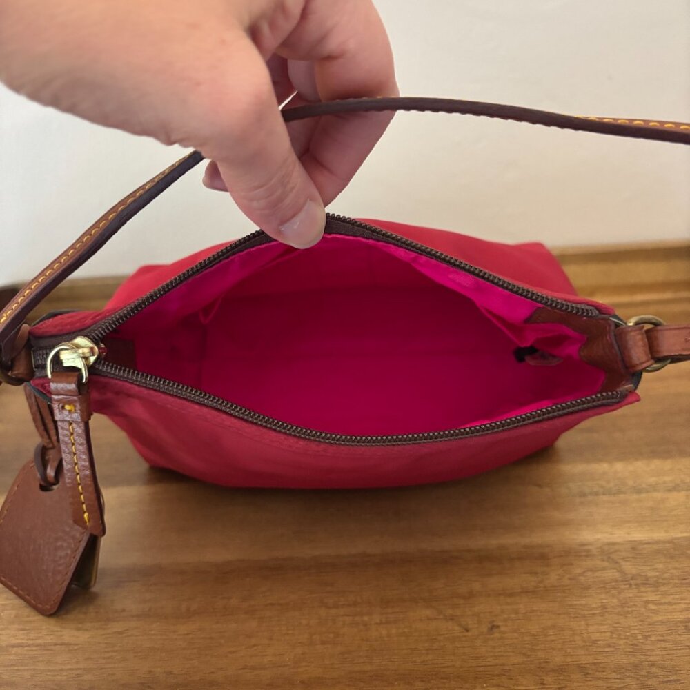 Dooney & Bourke Red Nylon Brown Leather Pouchette Mini Bag - Picture 7 of 12